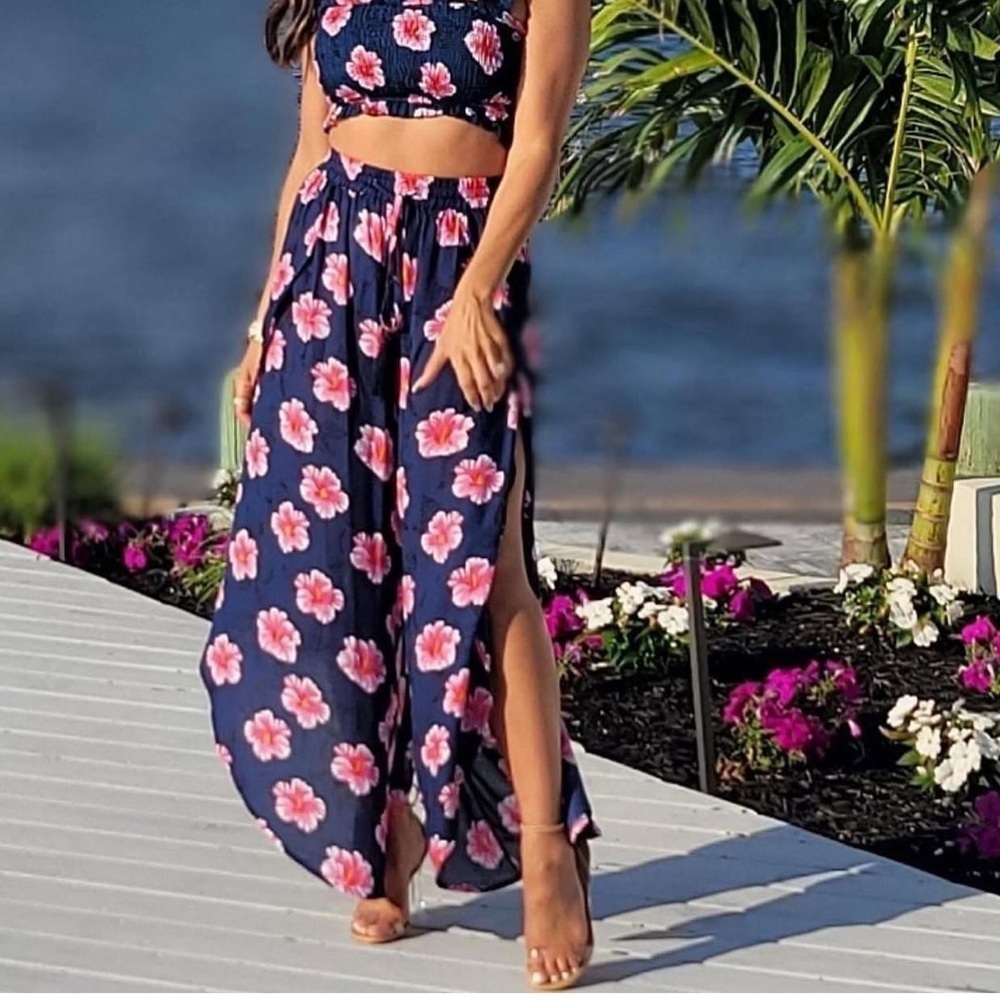 Tiare Hawaii Shorline Pants Wide Leg Tassel Navy Blue Pink Floral Crop